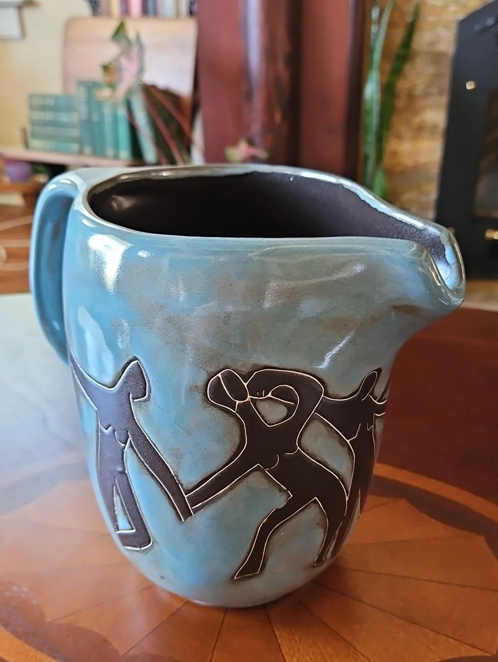 Vintage Design by Mara Mexico Art Pottery Pitcher Blue Stoneware Folk Art Figure